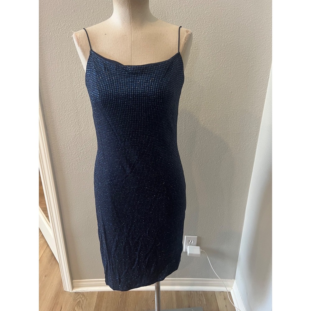 Vintage City Triangles Womens L Navy Blue Sparkle Bodycon Open Back Dress USA